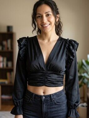 Zara Black Bishop Sleeve Crop Blouse